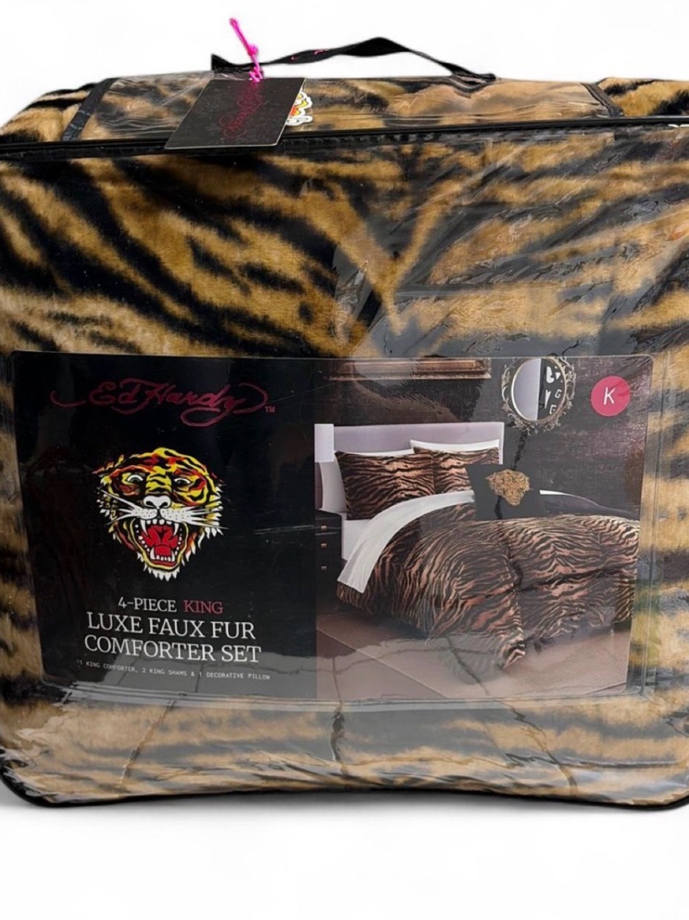 Ed Hardy Tiger-Print Faux Fur Comforter Set in Brown and Black